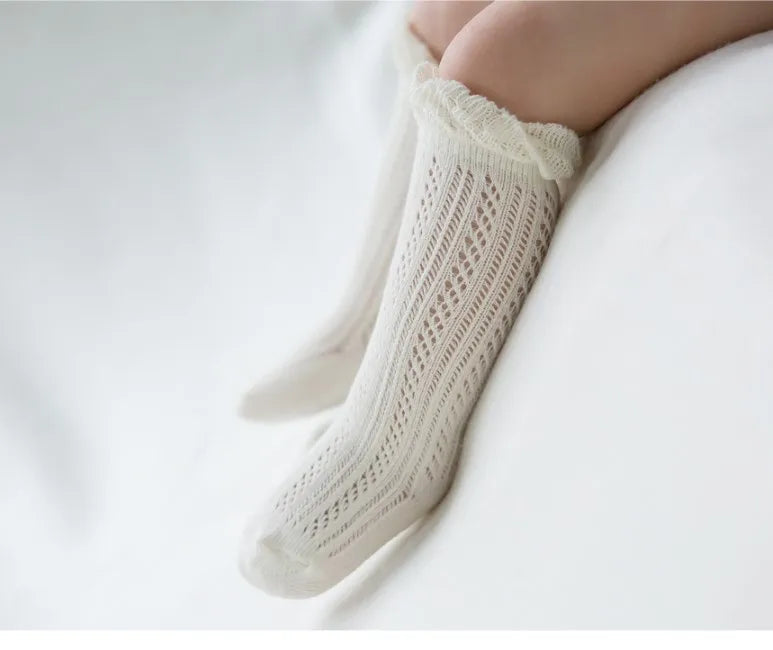 Baby Girl Knitted Mesh Socks Knee High Tube Toddler Girls Solid Socks Summer Thin Cotton Infant Kids Long Tube Socking 0-2 Years