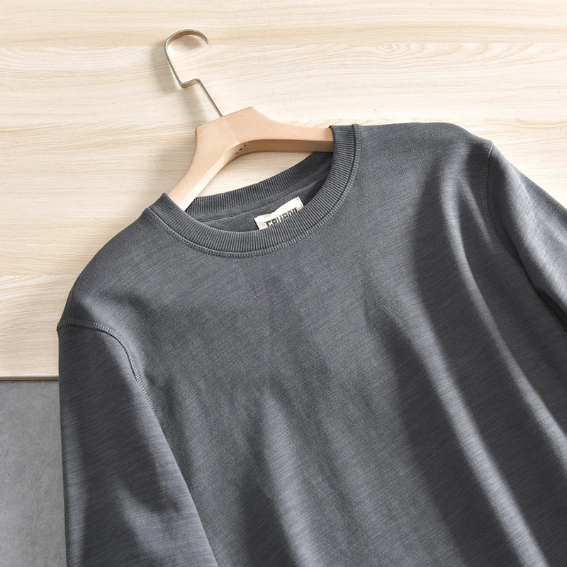 Lente Nieuwe Amerikaanse Retro Lange Mouw O-hals Effen Kleur Sweatshirts Heren Eenvoudige 100% Katoen Gewassen Trui Casual Sportkleding