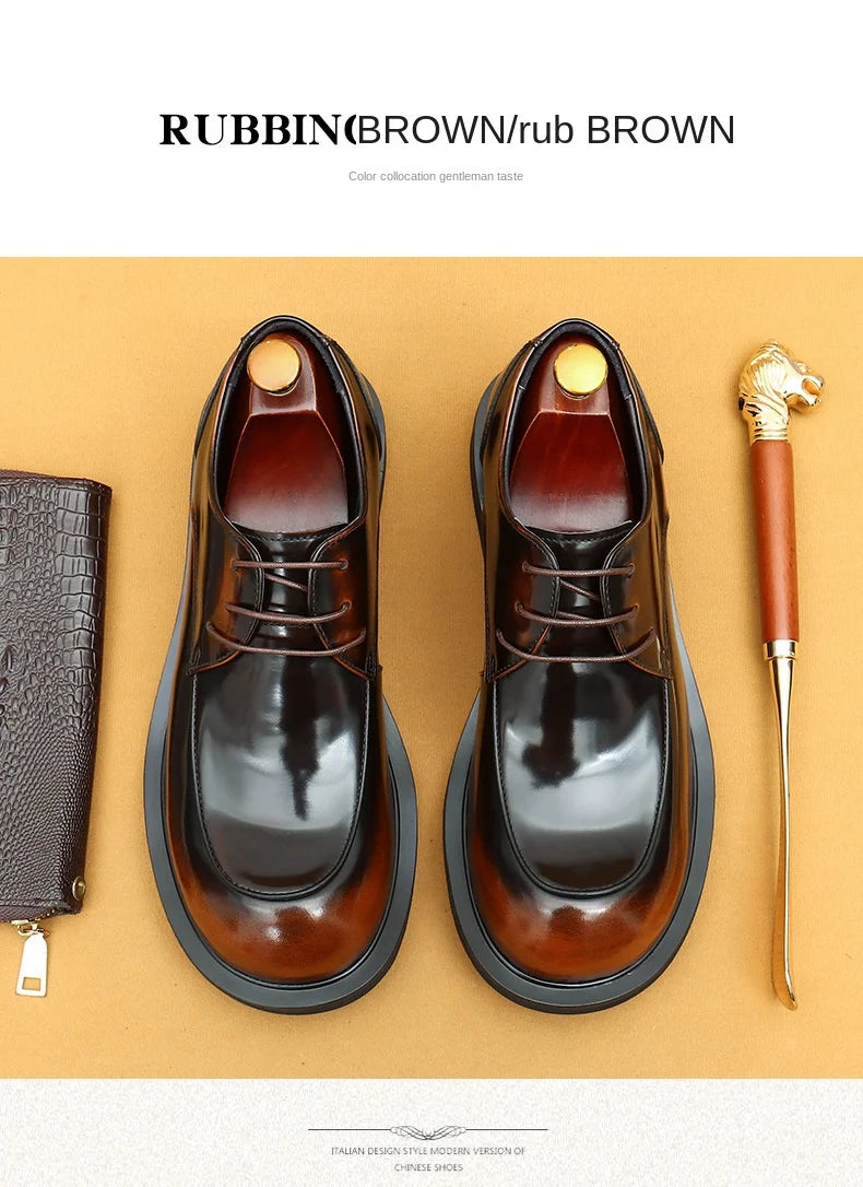 Men's business lace up casual leather shoes British big toe shoes cowhide patent leather round toe derby shoes Retro men's shoes