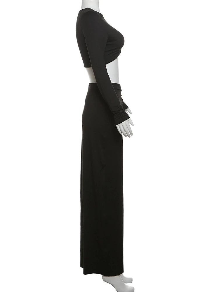 Classic Matching 2 Piece Set Women Fashion Solid Long Sleeve O-neck Crop Tees+Splited Maxi Skirts Female High Street Suits