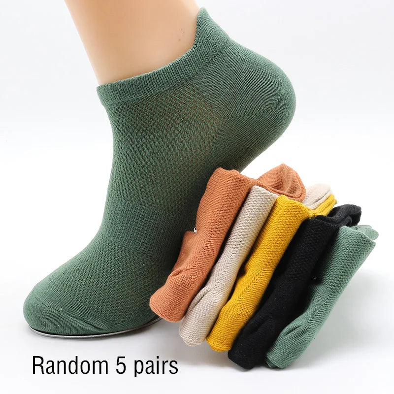 5 Pairs Summer Men's Cotton Short Mesh Harajuku Comfortable Solid Colour Casual Ankle Socks Male Net Sneaker Socks