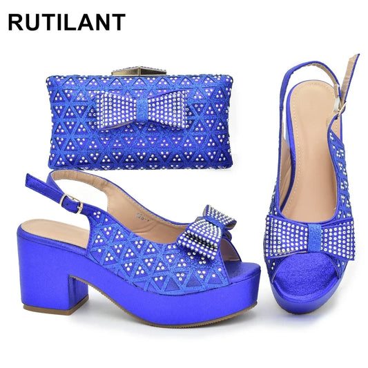 African Women Wedding Shoes and Bag Set Decorated with Rhinestone Africa Shoe and Bags Set Wedges Shoes for Women