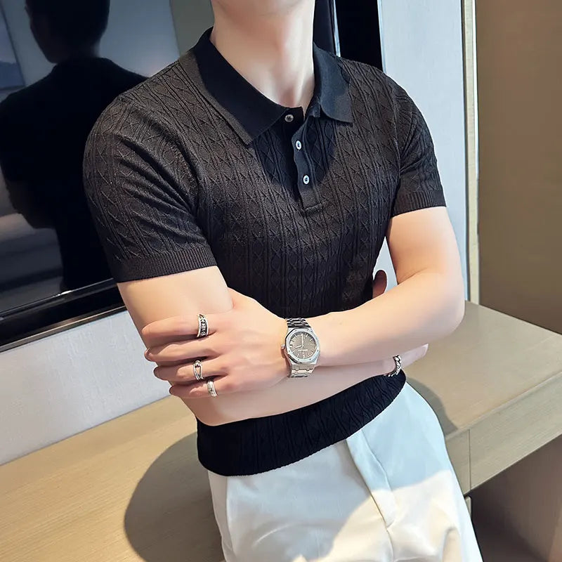 Men's Slim-Fit Jacquard Knitted Short-Sleeved Polo Shirt for Male Fashion Lapel Golf Shirt