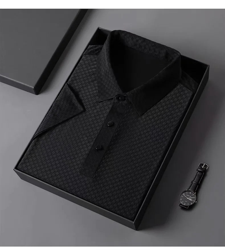 Men's Summer Luxury and Fashionable Casual Waffle Short Sleeve Polo Shirt, Lapel, Ice Silk, and High-End Breathable T-Shirt