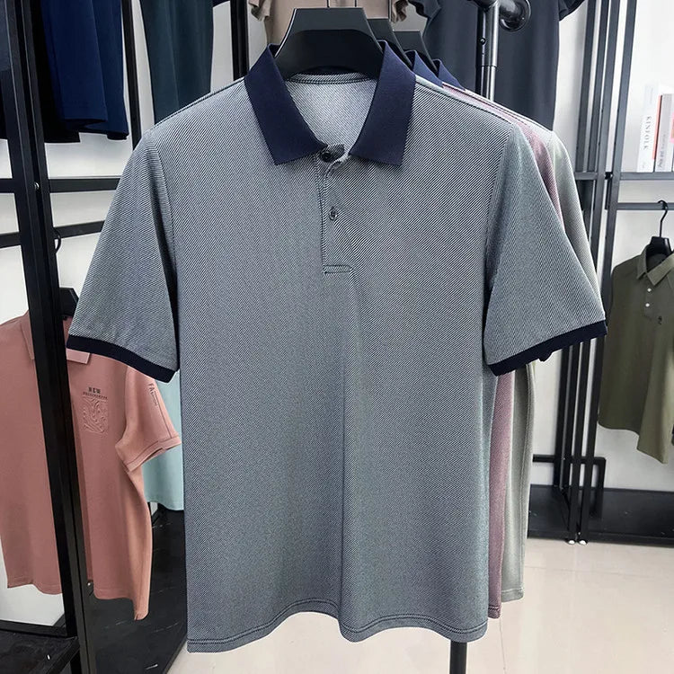 Men’s Breathable Polo Shirt – Stretch Fabric & Striped Design for Office/Casual Use Elastic Comfort and Classic Collar M-4XL