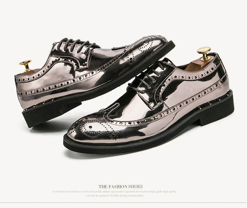 Fashionable Mens Silver Brogue Shoes New Cool Male Formal Evening Shoes Large Size 38-46 Wedding Dress Shoes for Men
