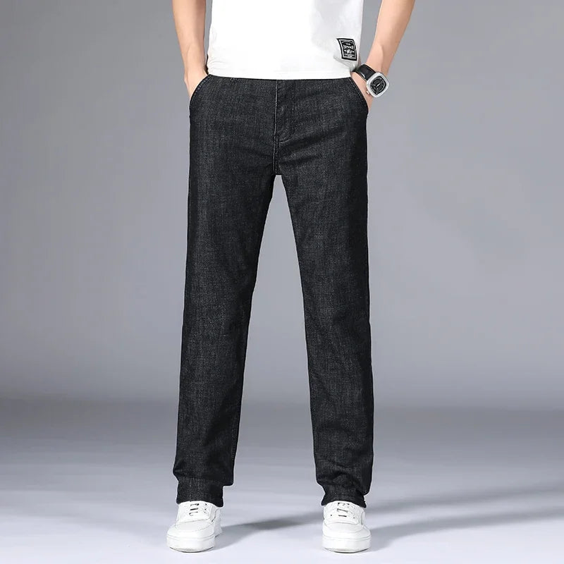 2025 Dunne of dikke stoffen kantoor- en zakenjeans voor heren, klassiek blauw, zwart, katoenen stretch, rechte denimbroek, herenmerkbroeken