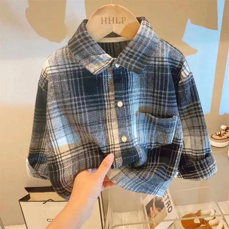 Autumn Kid's Shirts Boys Vintage Plaid Shirt Girls Casual Turn Down Collar Blouse Children's Base Tops 2-7Y Unisex