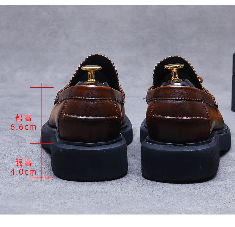 YETTIES Soft Leather Elegant Mens Dress Loafers Shoes Luxury Genuine Leather Tassel Thick Soled Wedding Social Formal Shoes