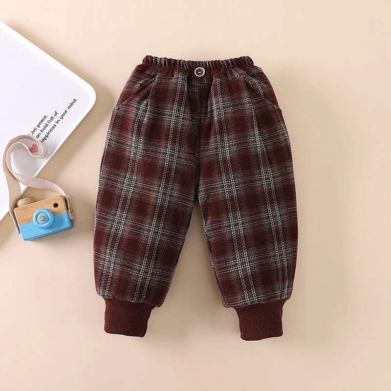 Winter Baby Children's Pants Girls Retro Plaid Thick Trousers Fur Lining Boys Warm Casual Pants 0-5Y Unisex