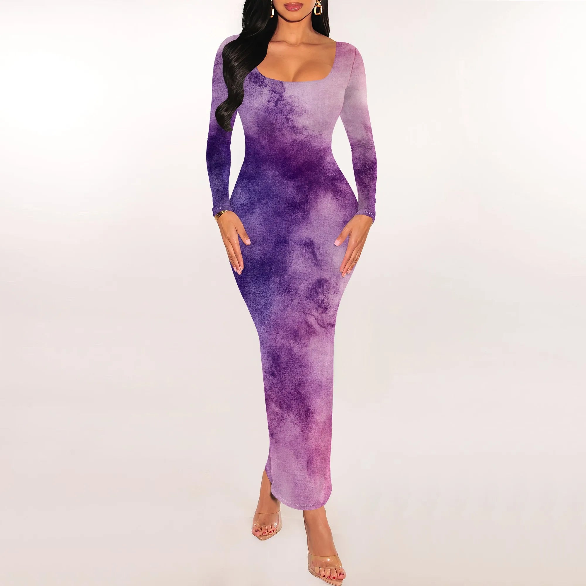 Women's Fall Trendy Dress Tie Dye Crew Neck Long Sleeve Bodycon Maxi Dress Casual Long Dresses