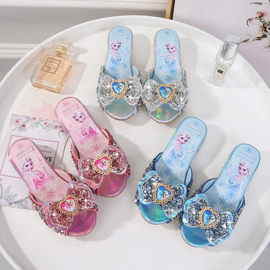 Girl's Summer Sandals Fashion Slippers Sequined Princess Children High Heel Party Dress Elsa Shoes Leather Slipper For Girls