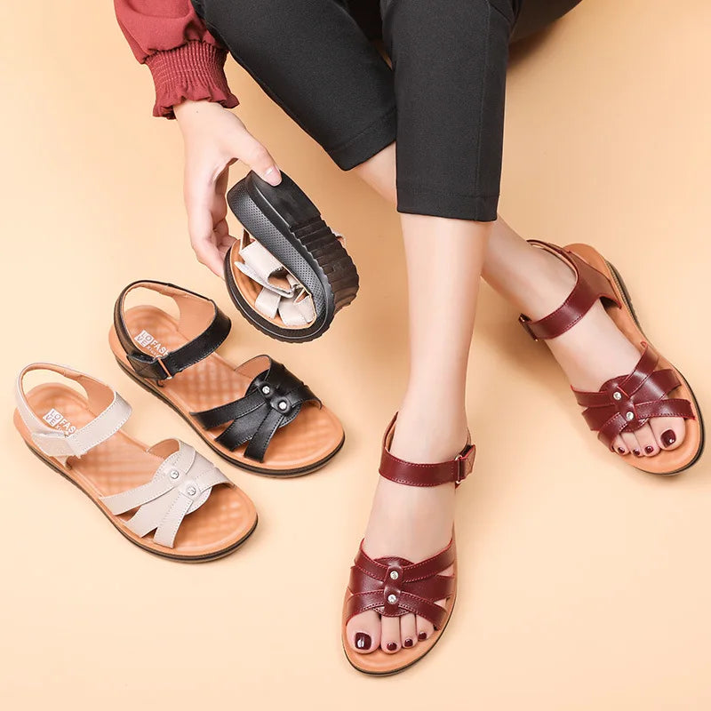 Women's Female Ladies Mother Genuine Leather Sandals Platform Shoes Non Slip Summer Cool Beach Hook Loop Plus Size 42 43