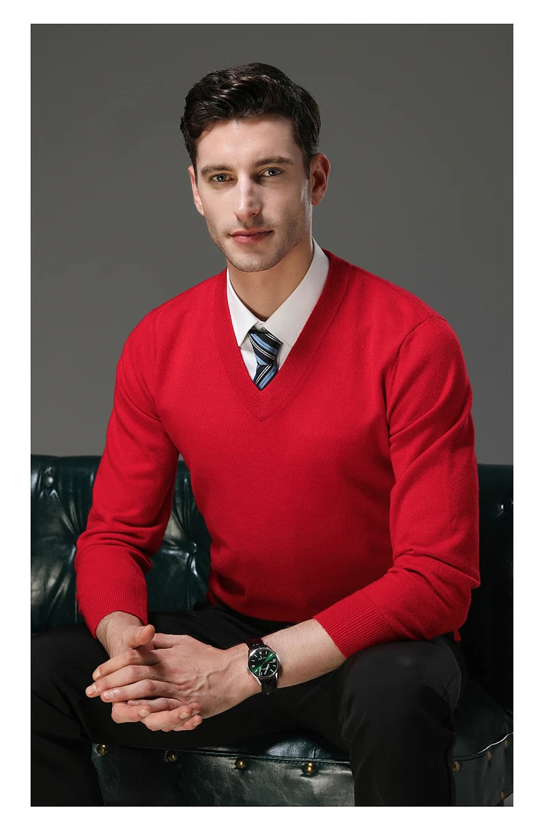 Men's Warm V-Neck Solid Colour Sweater, Autumn & Winter Stretch Top, Daily Leisure Pullover Knitwear, Male Business Casual