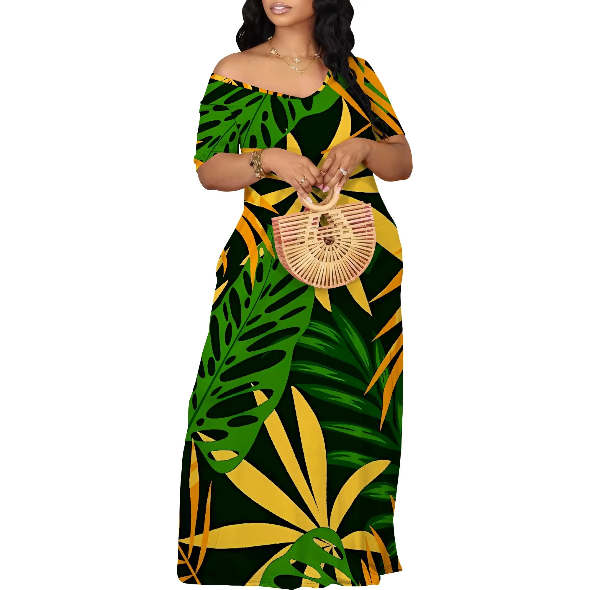 Summer Off Shoulder Maxi Dress Green Yellow Bold Leaf Print Women Holiday Beach Dress