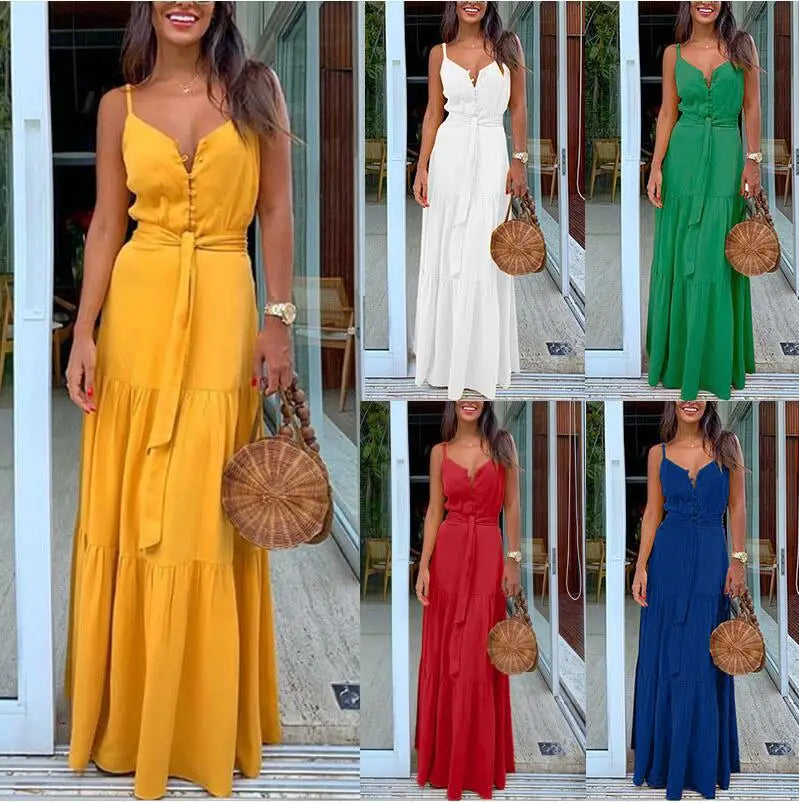Summer New Women's Clothing European Style Unique Button V-neck Spliced Tank Dress Long Dress Sleeveless