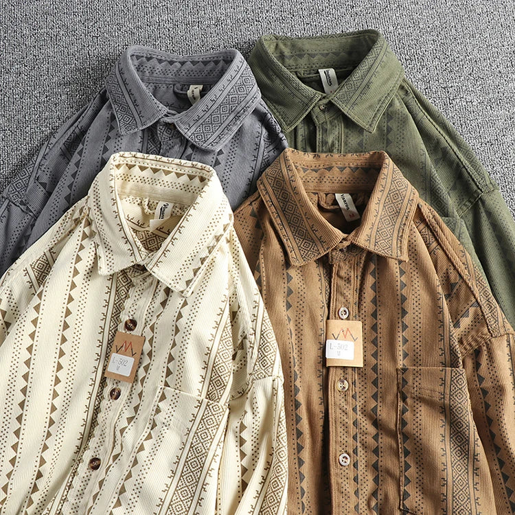 Lente Nieuwe Amerikaanse Retro Lange Mouw Revers Navajo Totem Bedrukt Shirt Herenmode 100% Katoen Gewassen Casual Blouses Dunne Jas
