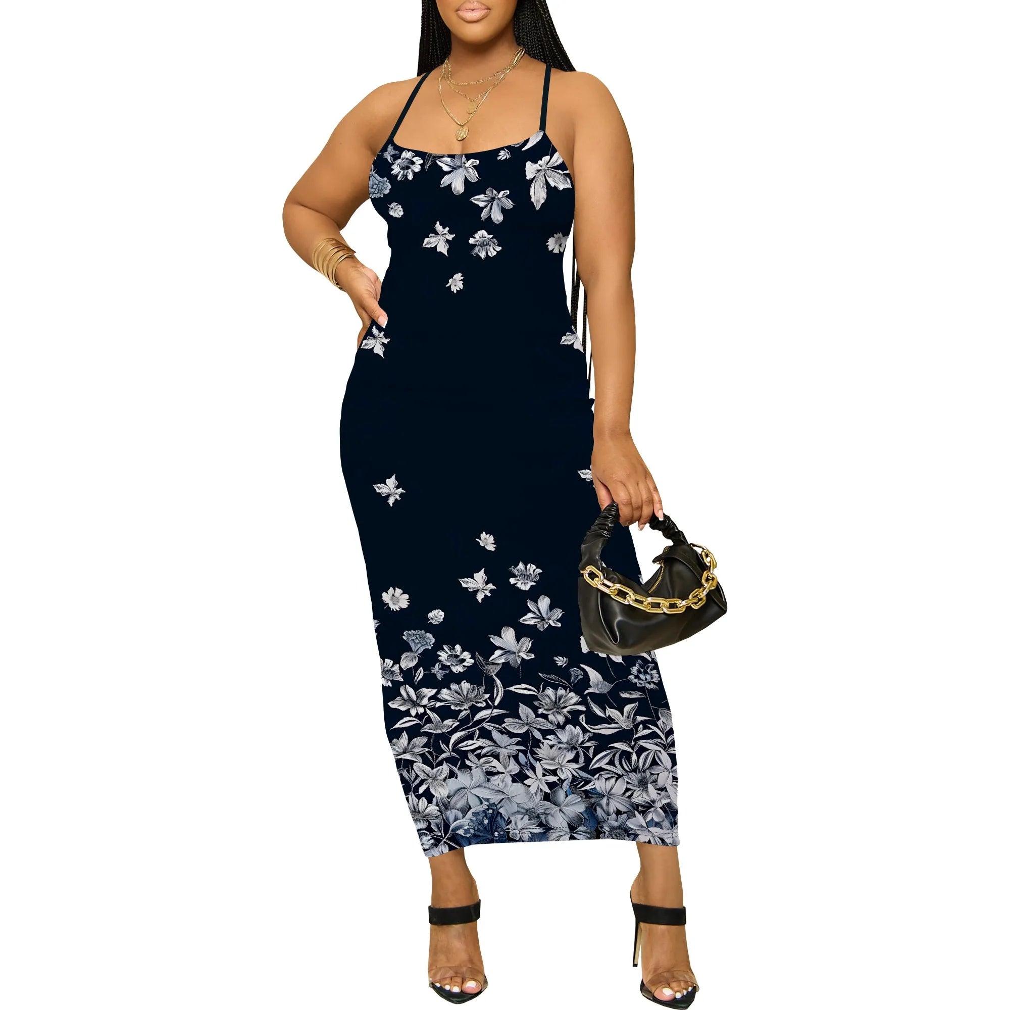 Blue White Floral Print Spaghetti Strap Dress Elegant Summer Garden Look