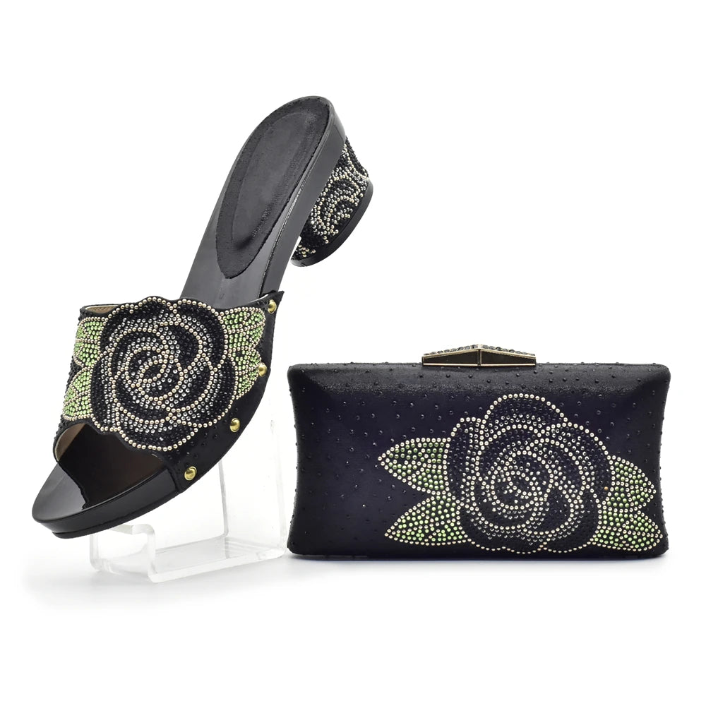 Women's Italian Shoes with Matching Bags Set Decorated with Rhinestone Open Toe Ladies' Slippers Shoes