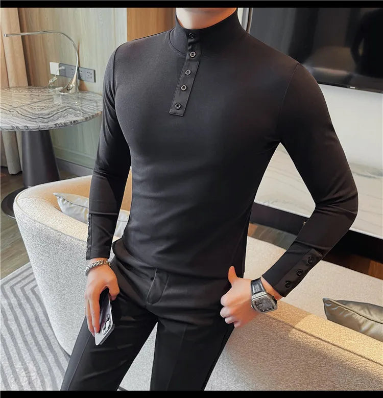 Men's High Quality Long Sleeve T-shirt For Autumn & Winter, Half-High Collar, Solid Colour Top. Collar Button Polo, Suitable As Business Casual