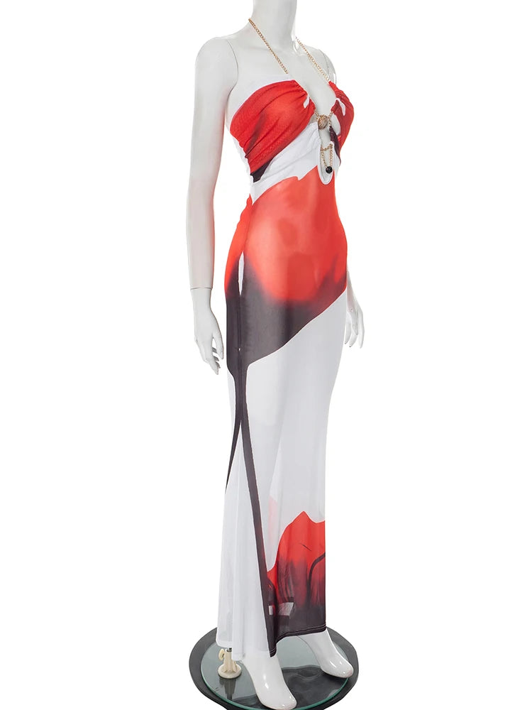 Seashell Metal Chain Hollow Halter Dress Women Flower Print Sexy See Through Backless Skinny Peach Hip Long Bodycon