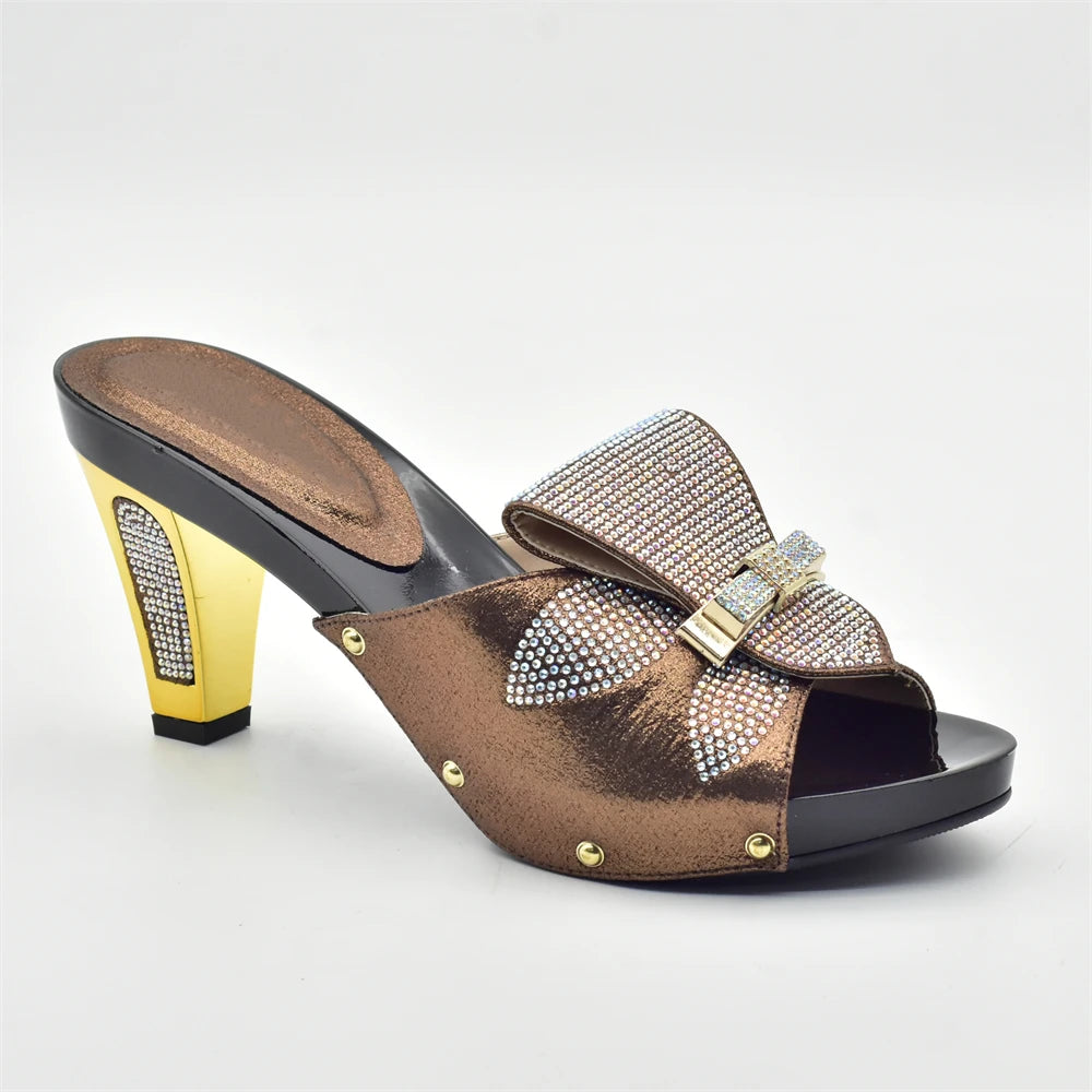Gold Color Women Slippers Shoes African Women Wedding Shoes Elegant Italian Woman Shoes with Stone High Heels Woman Summer Pumps