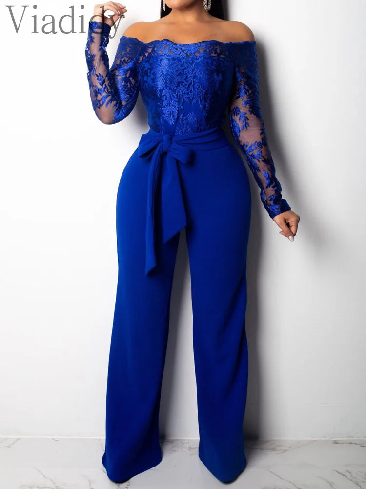 Off Shoulder Mesh Embroidery Long Sleeve Flare Jumpsuit With Belt