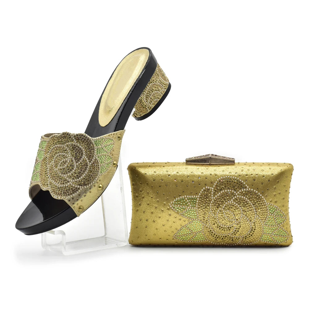 Women's Italian Shoes with Matching Bags Set Decorated with Rhinestone Open Toe Ladies' Slippers Shoes