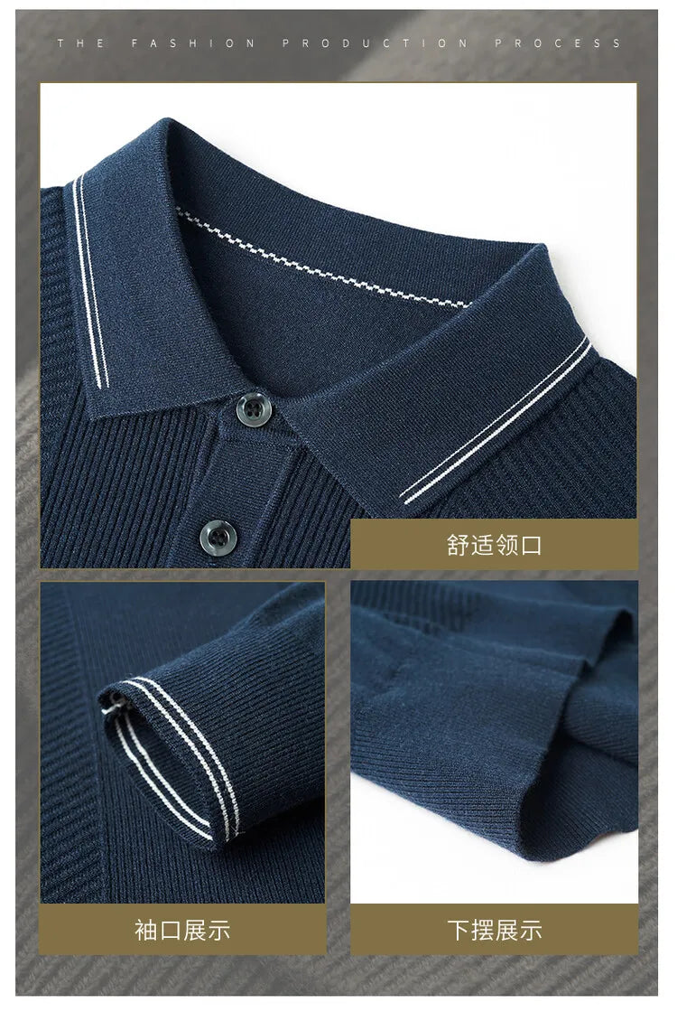 Men's Solid Colour Business Casual Polo Shirt, Suitable For Daily Commute, Pullover Sweater, Warm Knitted Long-Sleeved Cardigan