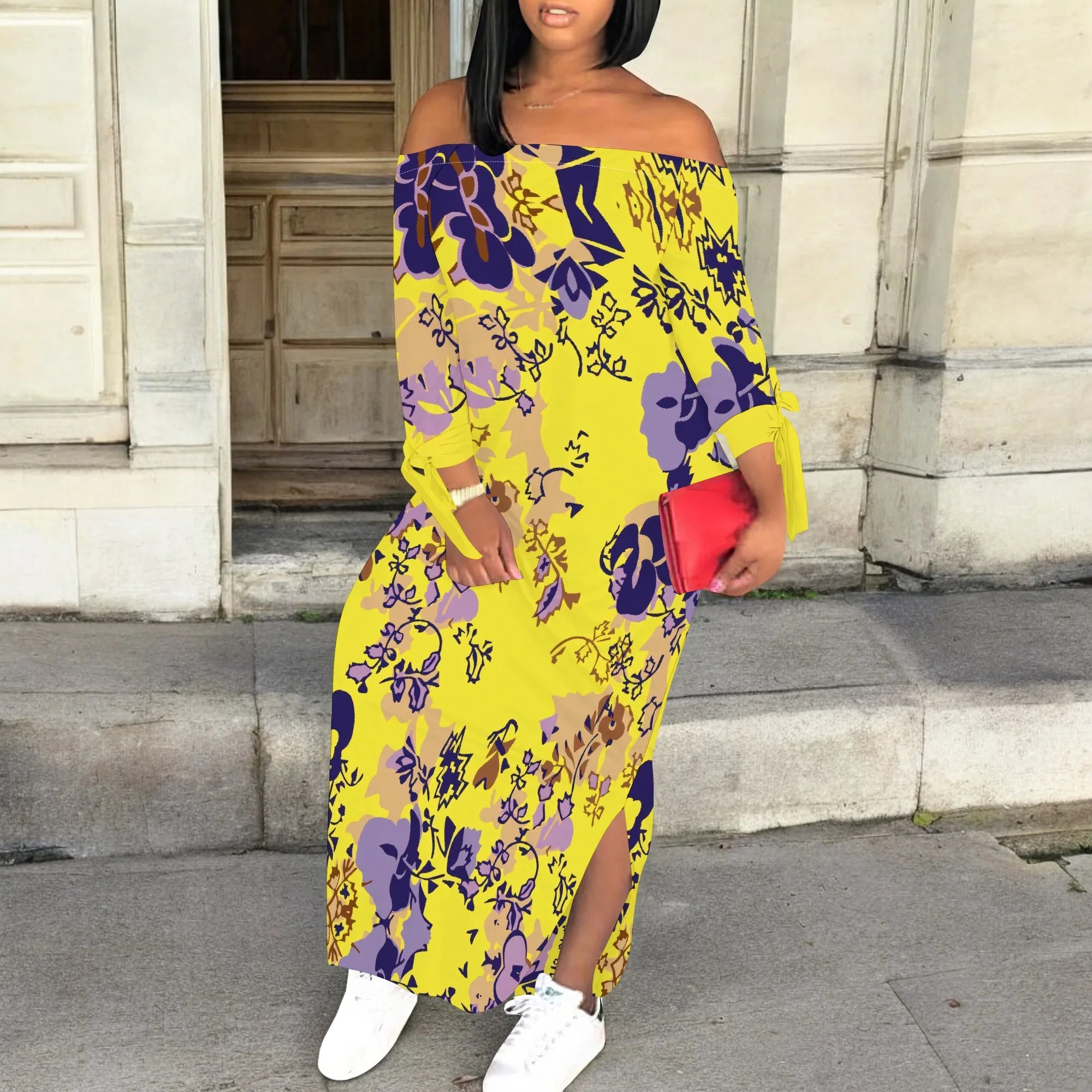 Women's Floral Off Shoulder Maxi Dress 3/4 Sleeve Multicolor Blue Slit Party Evening