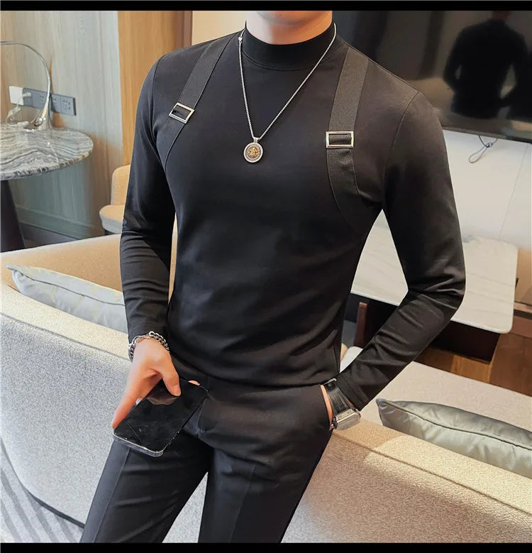 Men's Strap Long-Sleeved T-shirt For Autumn and Winter, Slim Fit Half Turtleneck Bottoming Shirt, Fashion City Knitwear