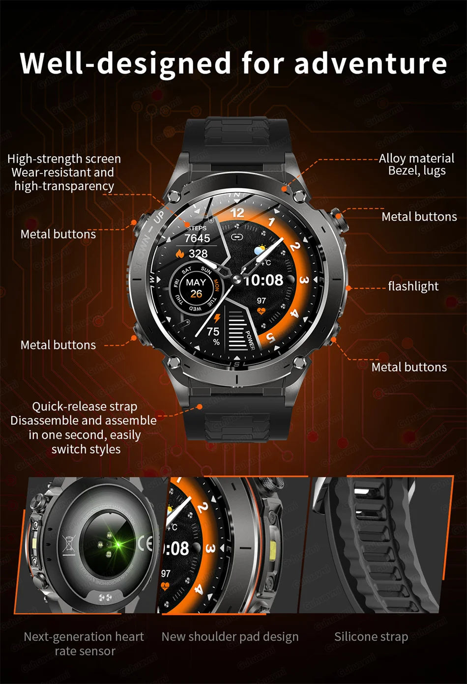 2025 Nieuwe robuuste militaire GPS Smart Watch Ingebouwde GPS Tracker Kompas Sport Fitness Tracking Smartwatch - Compatibel met HUAWEI &amp; Xiaomi IOS