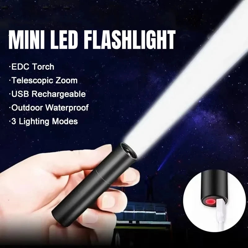 Mini Rechargable LED Flashlight Three Light Mode Waterproof Telescopic Powerful Flash Lights Outdoor Zoom Portable Torch