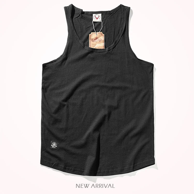 2023 Summer New American Retro Sleeveless O-neck Solid T-shirt Men's Fashion 100% Cotton Washed Old Casual Sports Vest Tops