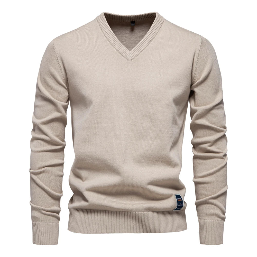 Men's V-neck Solid Cotton Pullover Sweaters Long Sleeve Casual Social Knitted Sweaters for Men