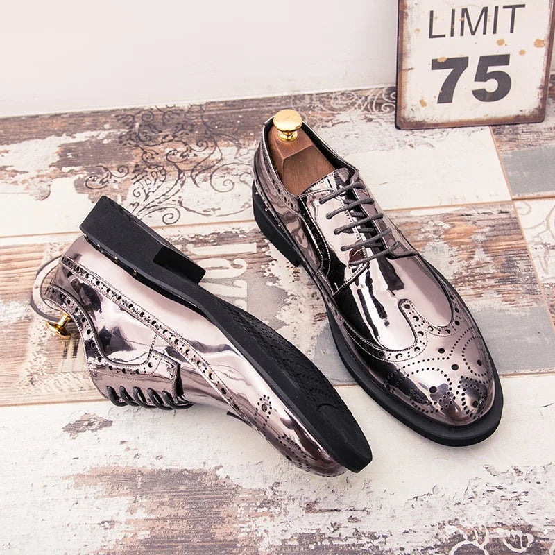 Fashionable Mens Silver Brogue Shoes New Cool Male Formal Evening Shoes Large Size 38-46 Wedding Dress Shoes for Men