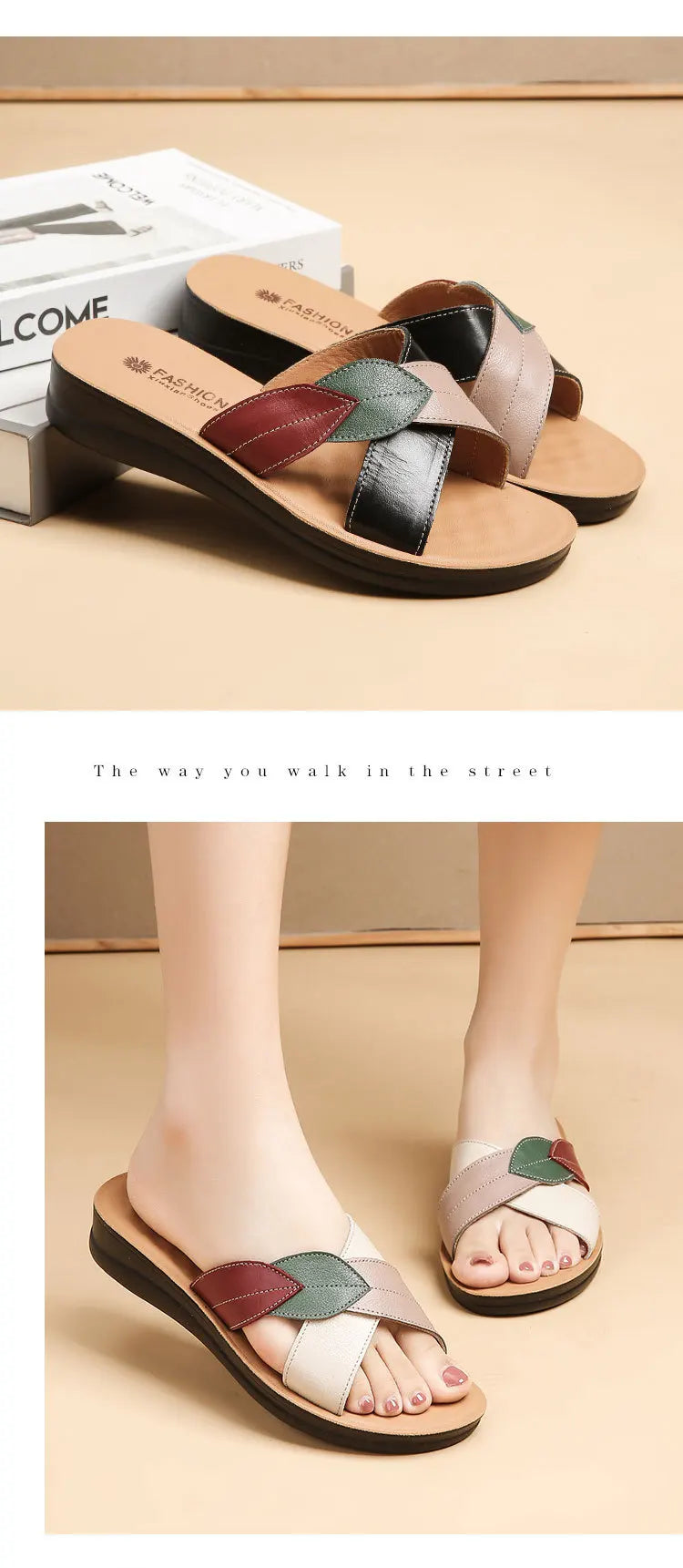 Women Female Ladies Mother Genuine Leather Shoes Sandals Platform Slipper Summer Cool Beach Soft Slip On Outside