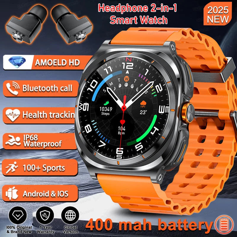 2025 Outdoor Sport Smartwatch AMOLED-scherm Hartslagmeter Waterdicht Bellen TWS Headset Smartwatch Voor Mannen - Compatibel met HUAWEI &amp; Samsung Galaxy IOS