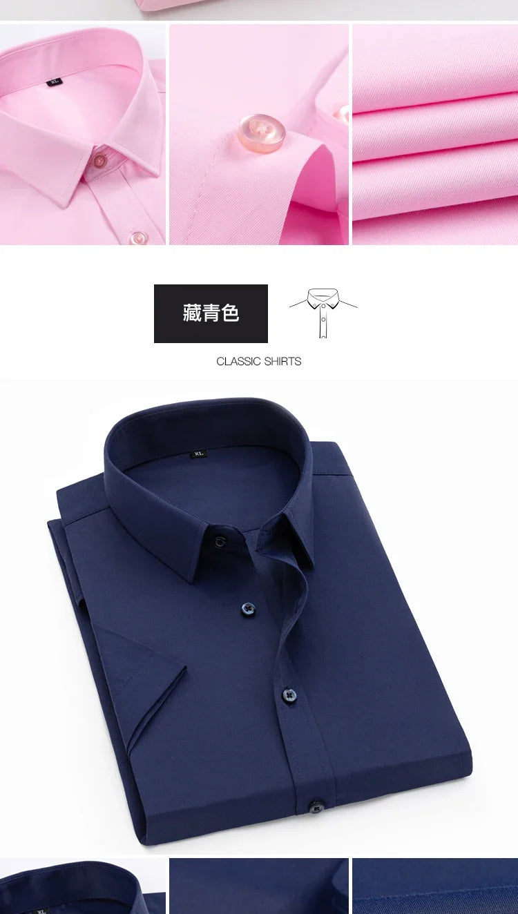 Men Short Sleeve Shirts Summer Ice Silk Light Thin Solid Business Casual Slim Fit White Shirts Classic Fashion Men Clothing