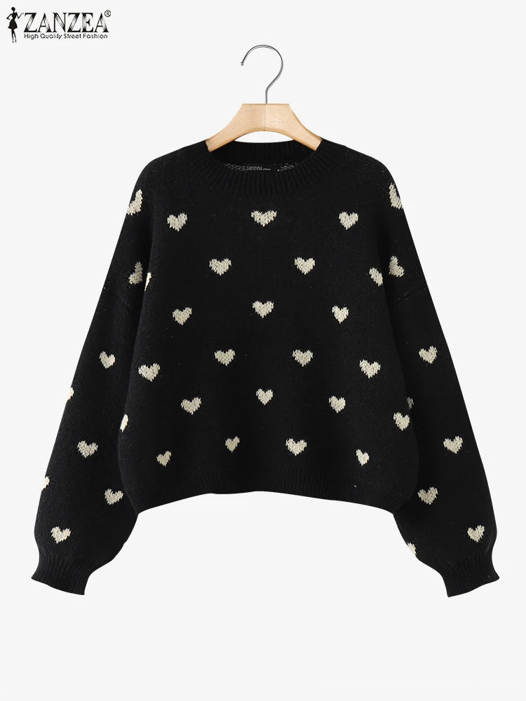 Women Loose Knitted Sweaters 2025 Spring Autumn Lantern Sleeve O Neck Heart Pattern Pullovers Streetwear Stylish Tops