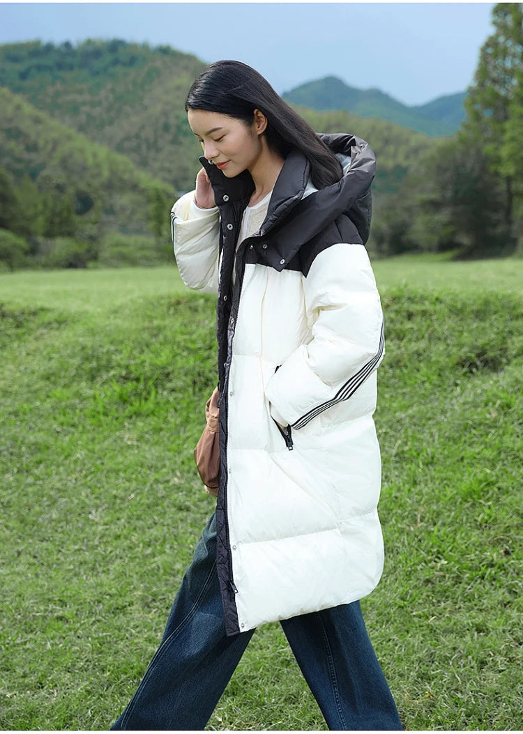 Women's Knee-Length Padded Coat With Detachable Hood, Stylish Colour-Blocking Windproof, Warm Duck Down Jacket For ladies
