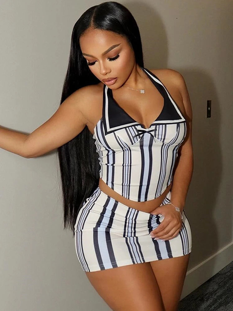 Stripe Print Women 2 Piece Set Summer Backless Low-Neck Halter Tank Tops + Skirts Fashion Vacation Streetwear Outfits