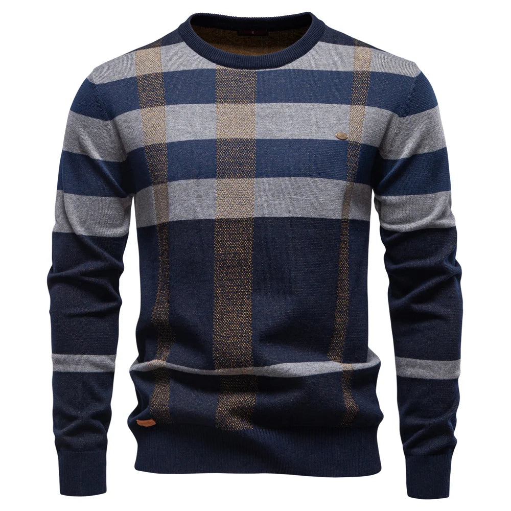 Men's Contrast Colour Sweater Striped Crewneck Pullover Warm Knitted Cotton Blend Luxury Winter Male Sweater