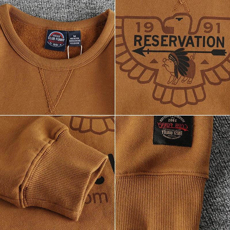 Winter American Retro 420g Thick Velvet Indian Elemet Printed Sweatshirts Men's Simple Washed Youth Casual Pullover Sportwear