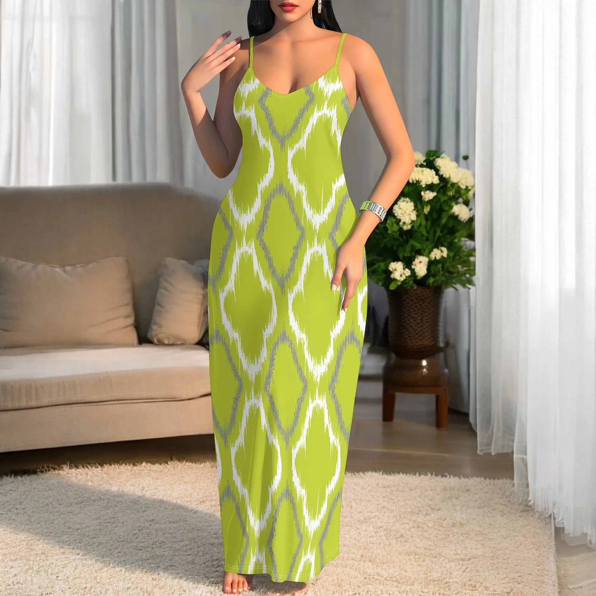 Yellow Ikat Print Sleeveless Maxi Dress for Women Summer Casual Slim Fit Beach Long Dress