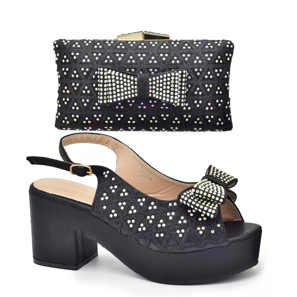 African Women Wedding Shoes and Bag Set Decorated with Rhinestone Africa Shoe and Bags Set Wedges Shoes for Women