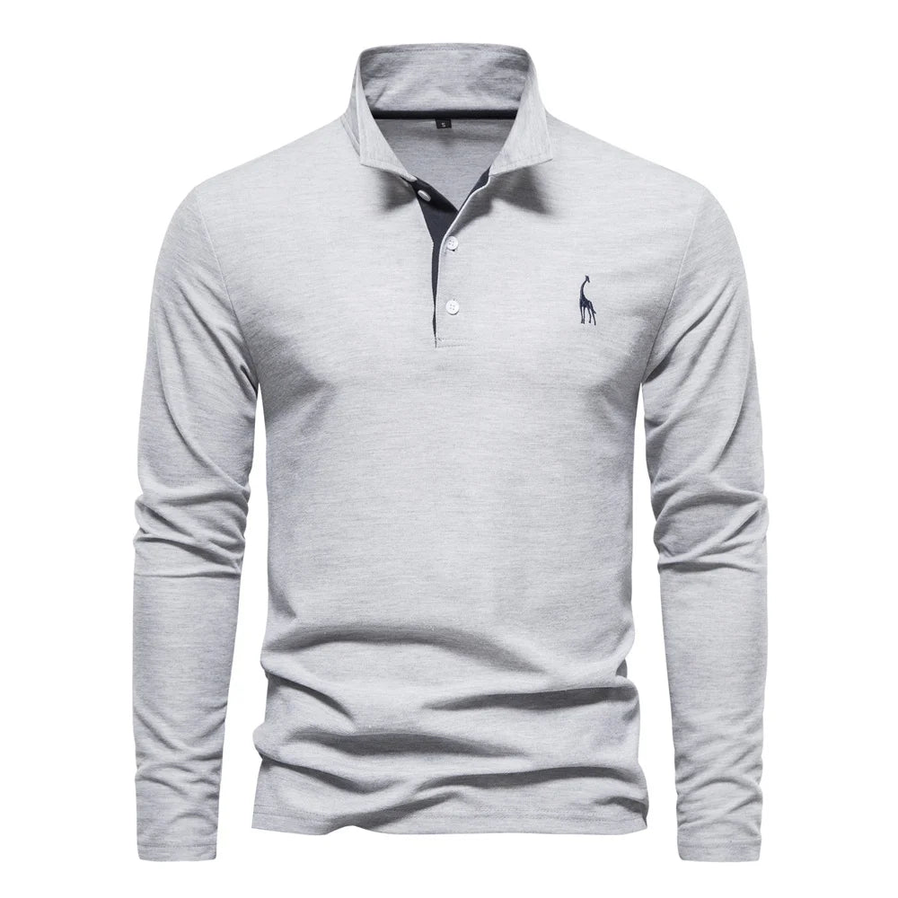New Men's Deer Embroidery Polo Shirts Solid Colour Long Sleeve Social Business Male