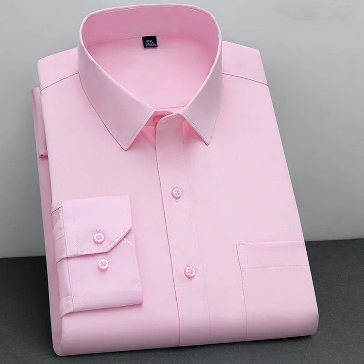 Men's Classic Solid Non-Iron Business Casual Shirt Anti-Wrinkle Soft Wear Long Sleeve Square Collar Tat Fabric Single Breasted