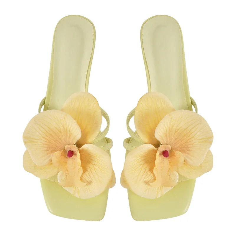 Women Square Toe Flower Mulesl Orchid Heels Slip On Thong 5CM Thin Heel Woman Sandals