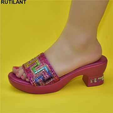 African Luxury Women Wedding Shoes Decorated with Rhinestone Open Toe Shoes Slip-On Italian Ladies Shoes